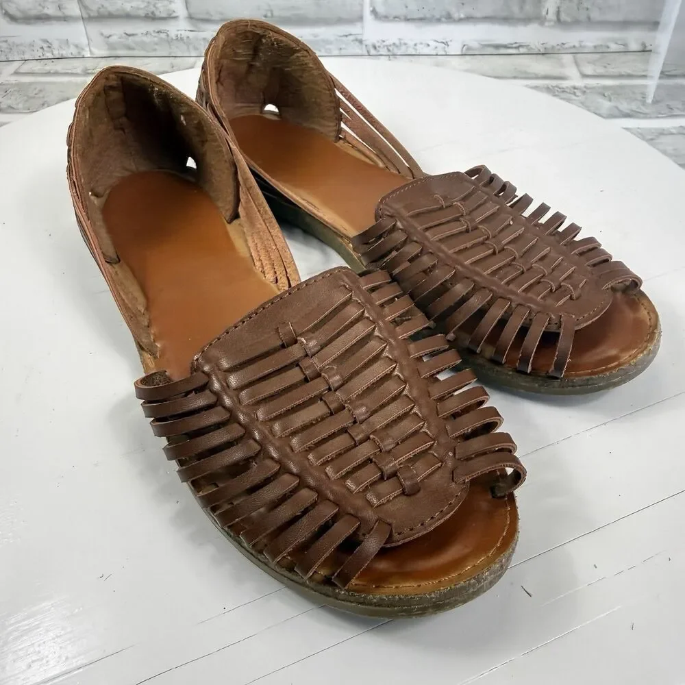 Classic Women's Size 8 Brown Leather Huarache Flats Comfort Open Toe Sandals